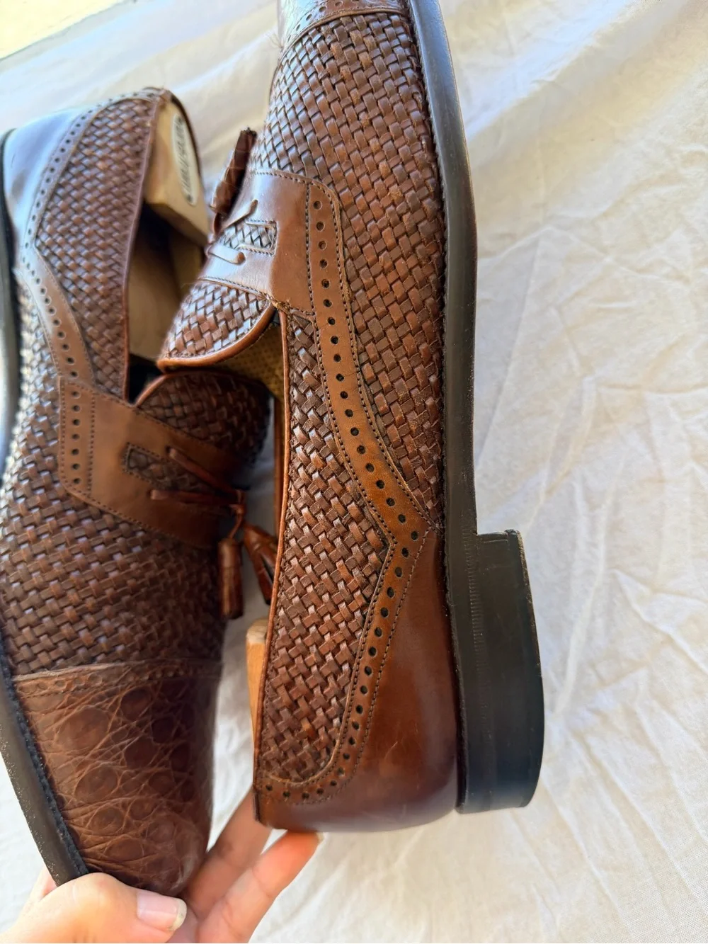 Mezlan embossed caramel Brown Woven Leather croc Tassel Loafers